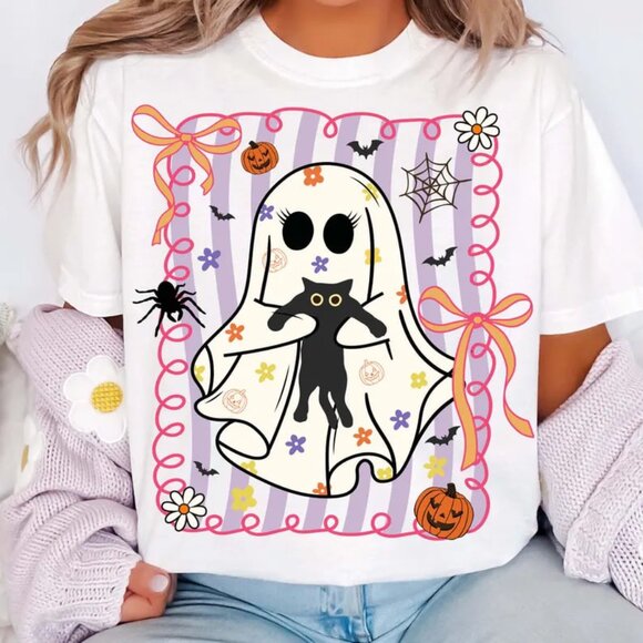 Tops - Preppy Cat Halloween Ghost, Coquette Halloween,  Floral Spooky Vibes